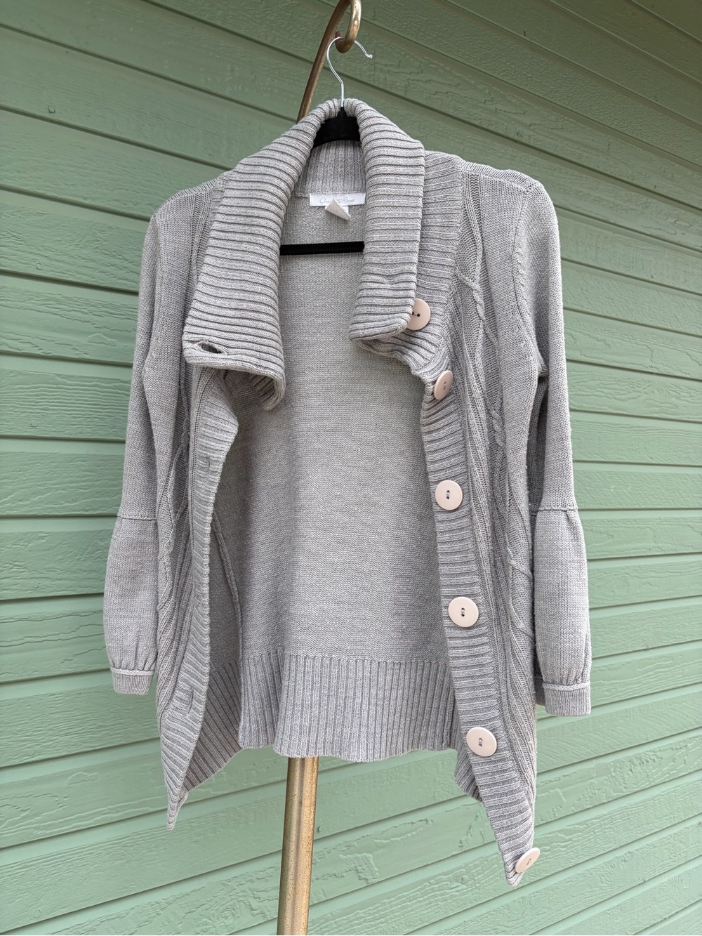 Light Gray Button-Front Shawl Collar Women's Sweater